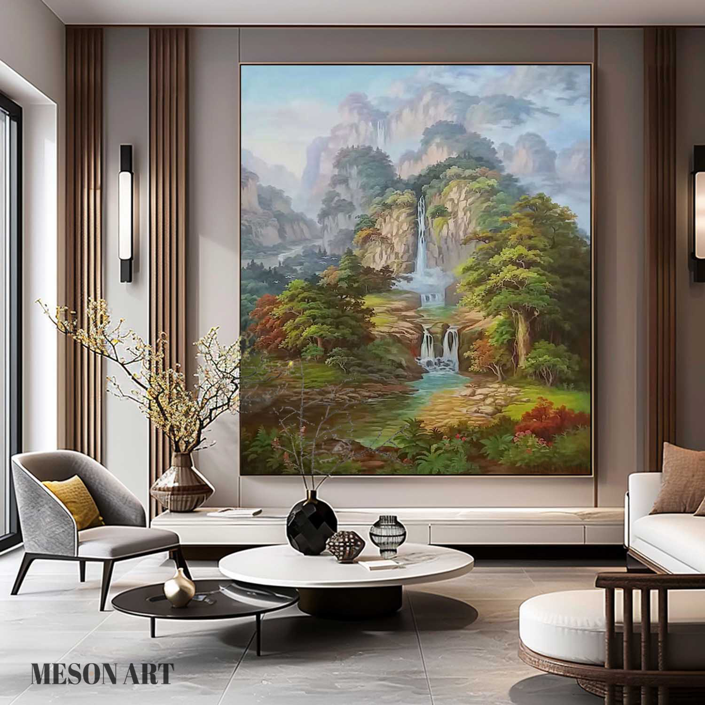 Serene Waterfall Landscape Oil Painting for Tranquil Home Décor