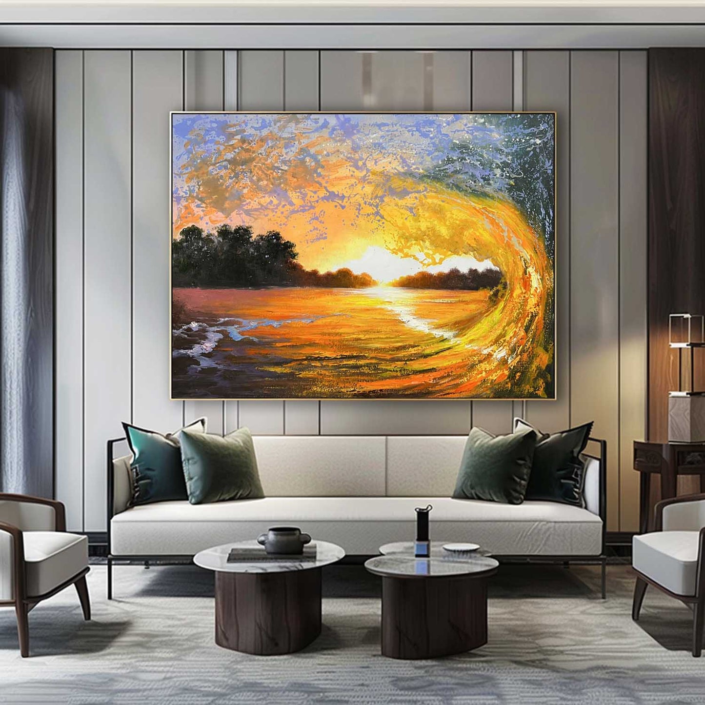 Vibrant Sunset Wave Oil Painting - Hyperrealistic Seascape Art for Home Decor
