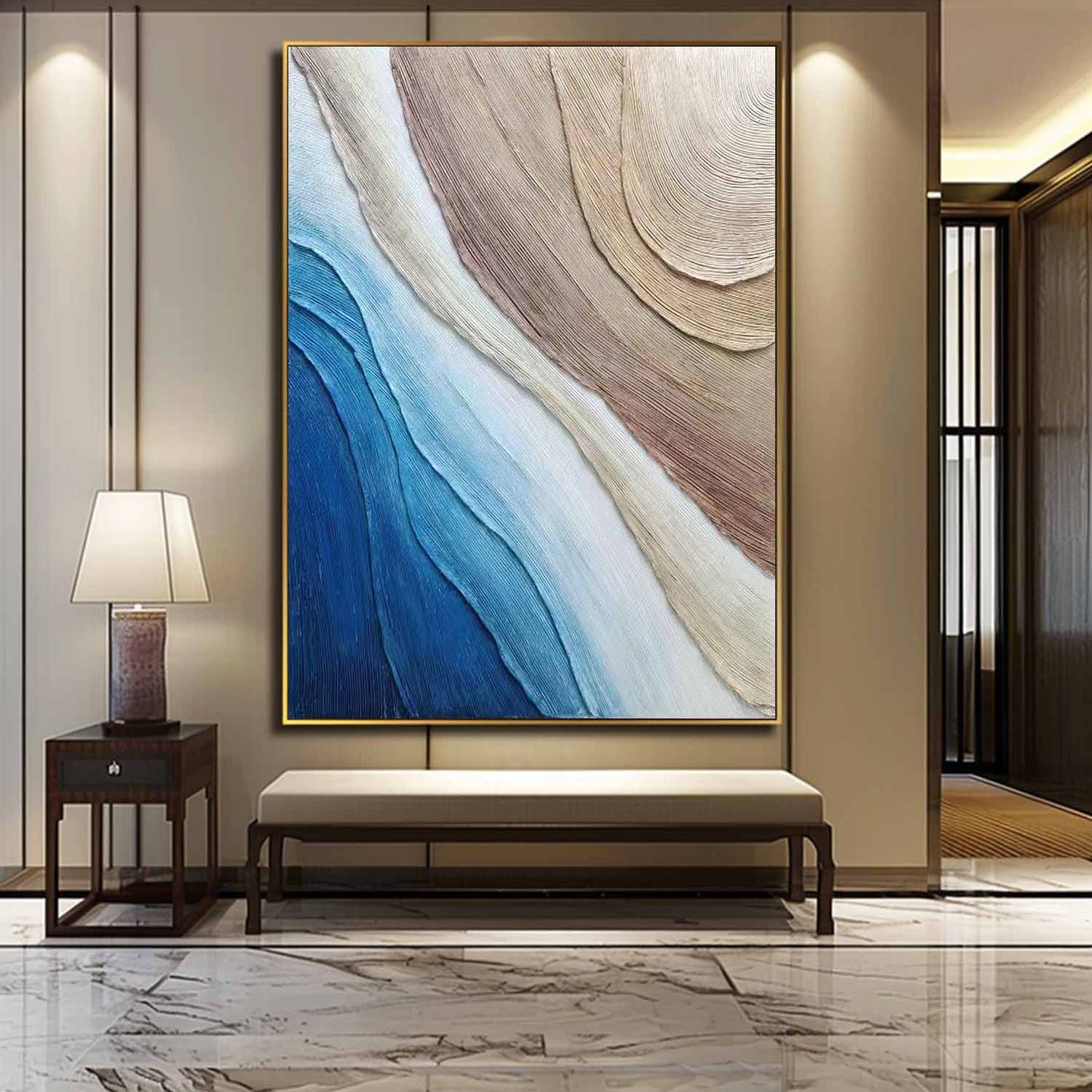 Abstract Ocean Waves Oil Painting with Textured Layers in Blues and Neutrals