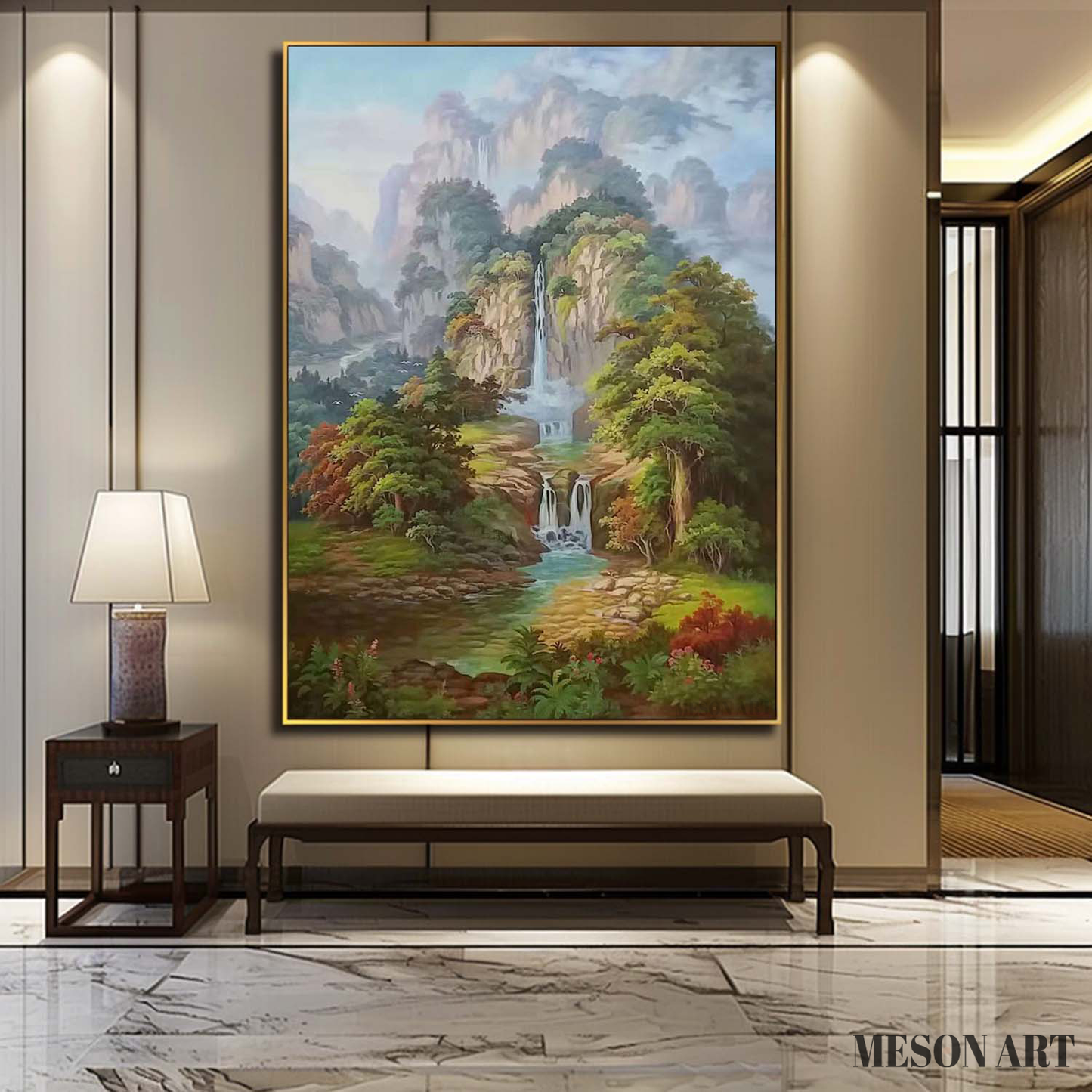 Serene Waterfall Landscape Oil Painting for Tranquil Home Décor