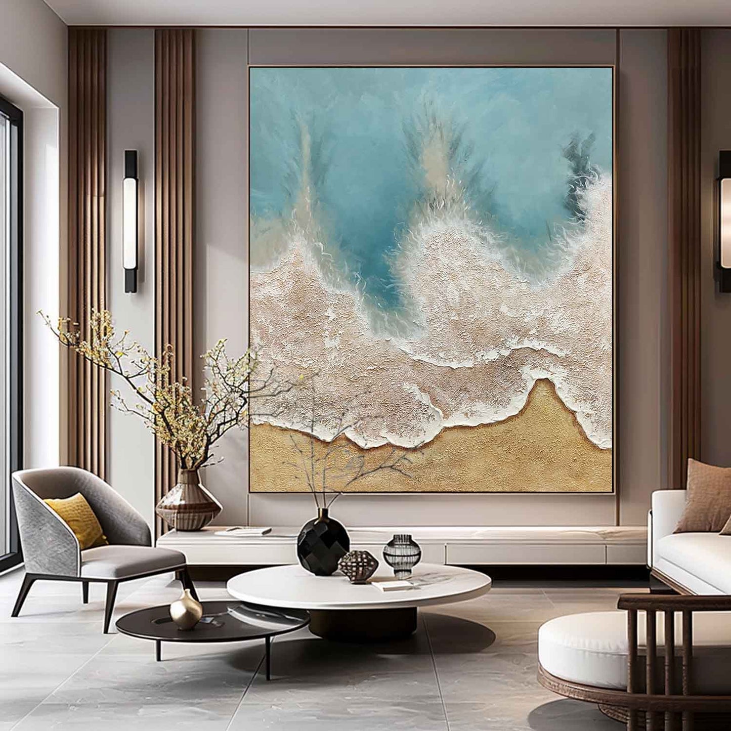 Coastal Serenity: Textured Ocean Waves Oil Painting for Home Decor