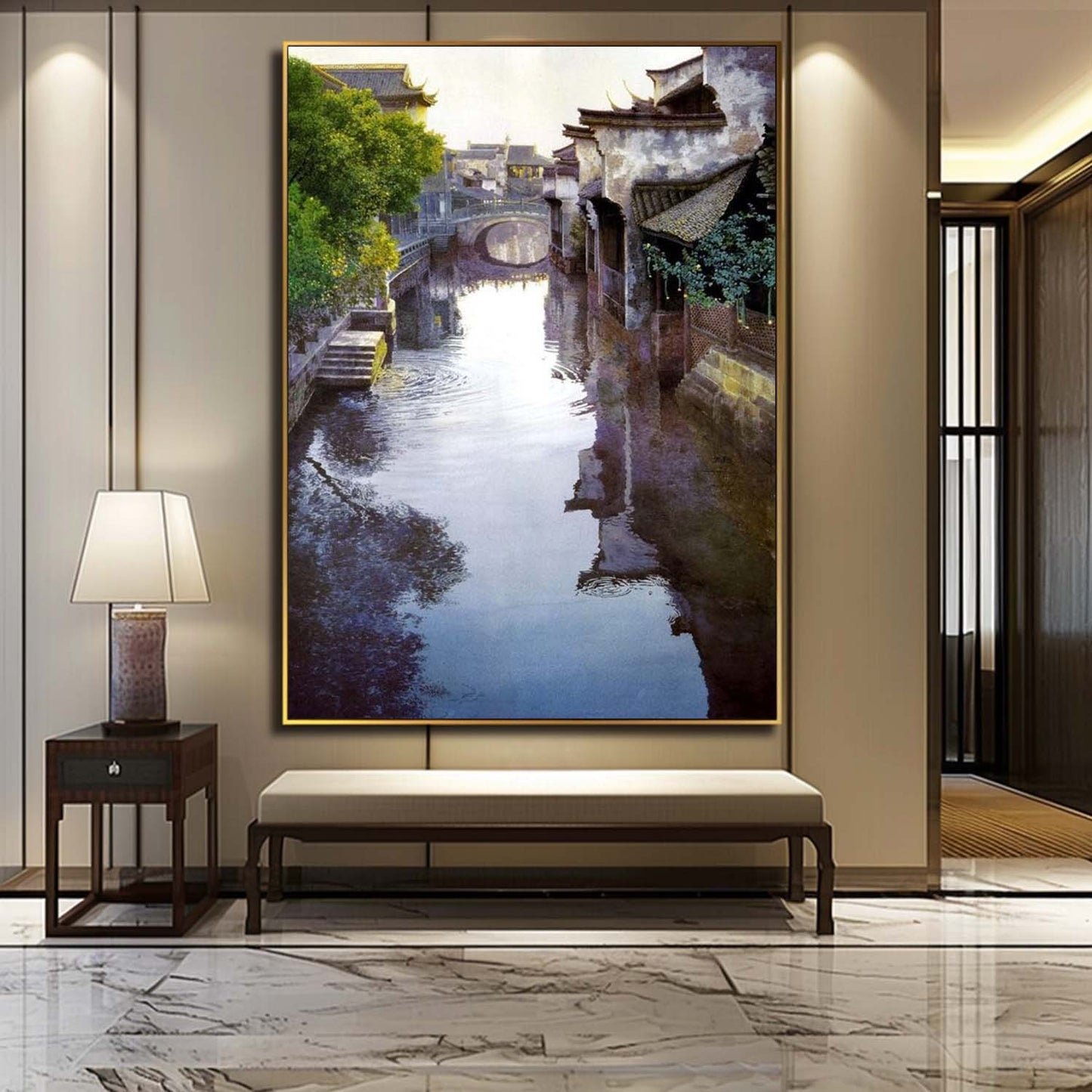 Tranquil Waterway Landscape Oil Painting in Hyperrealism Style