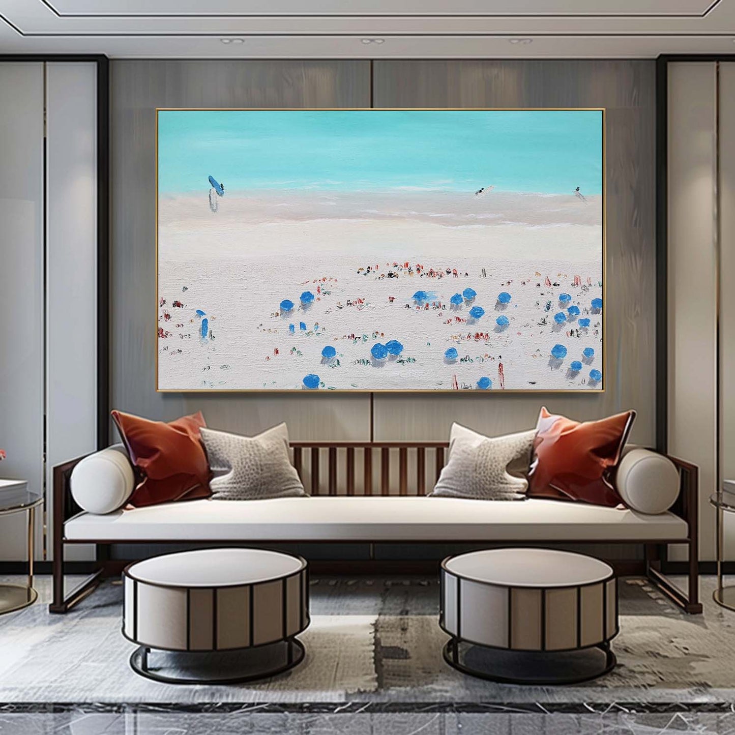 Vibrant Beach Scene Oil Painting with Colorful Umbrellas and Soft Sky