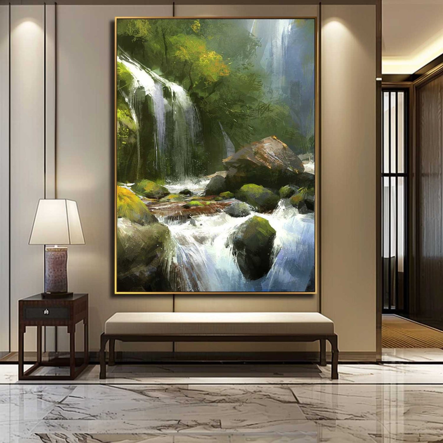 Lush Waterfall Landscape Oil Painting - Captivating Nature Art for Home Decor