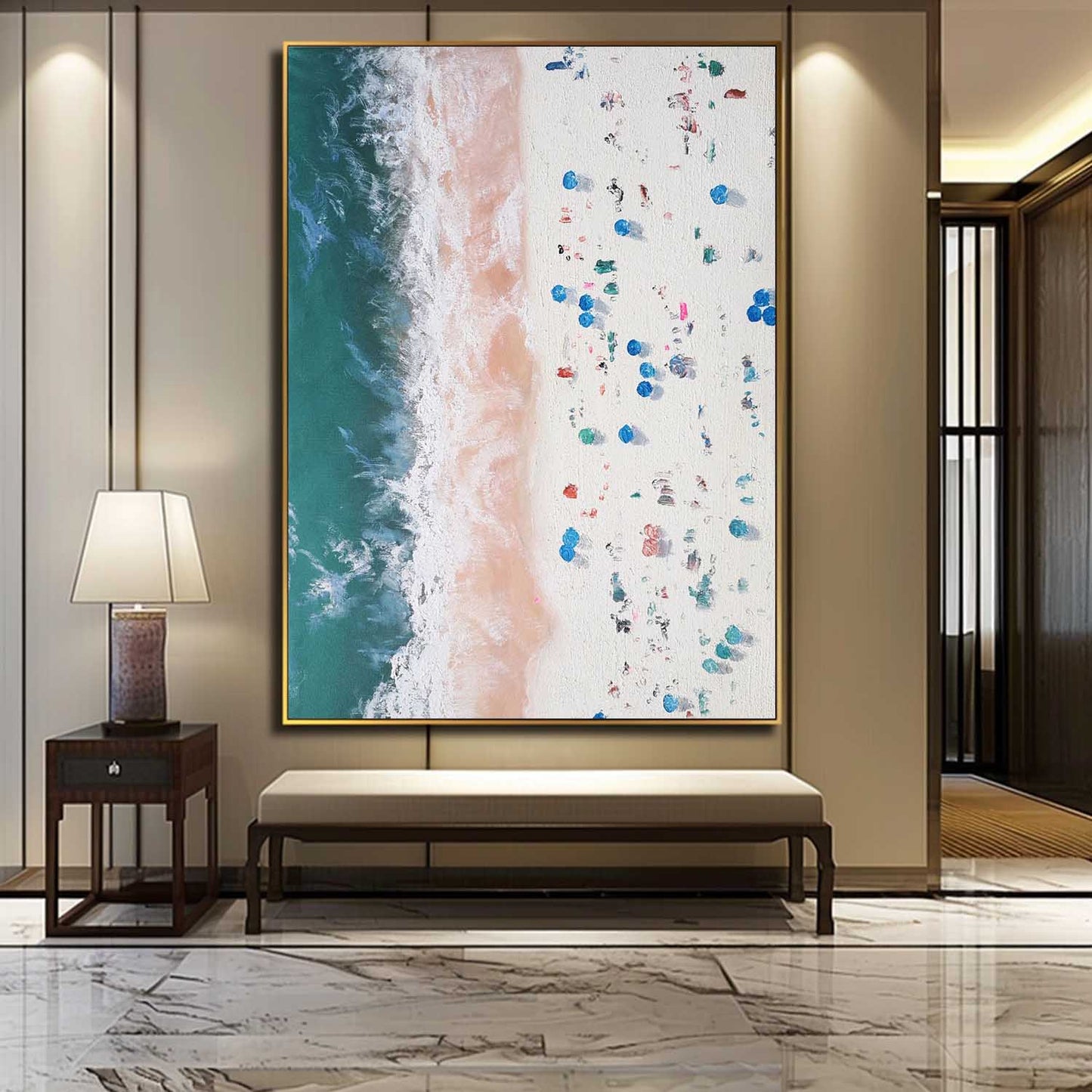 Vibrant Beach Waves Oil Painting with Textured Sand and Bright Colorful Details