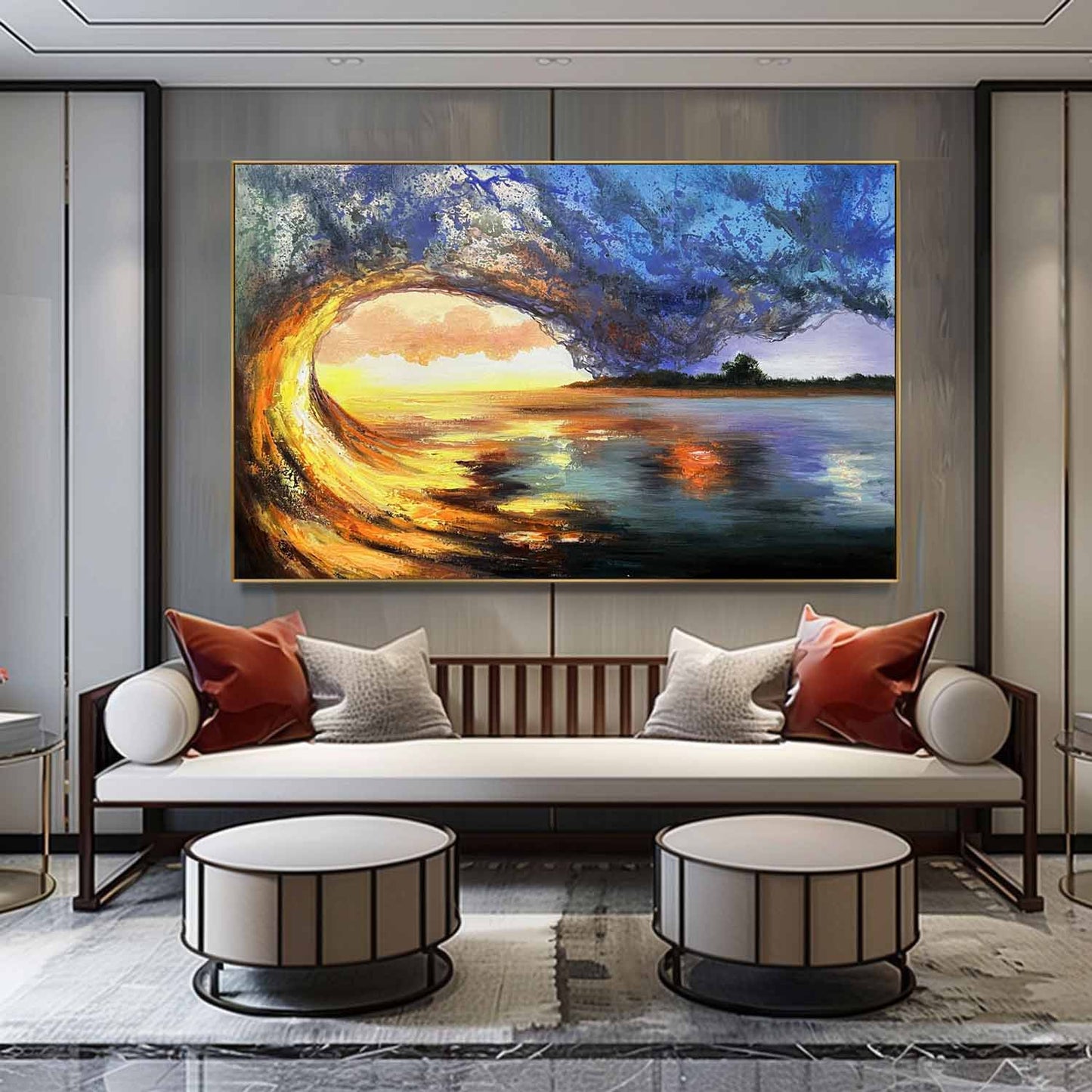 Stunning Hyperrealistic Wave Scene Oil Painting Capturing Ocean Sunset Beauty