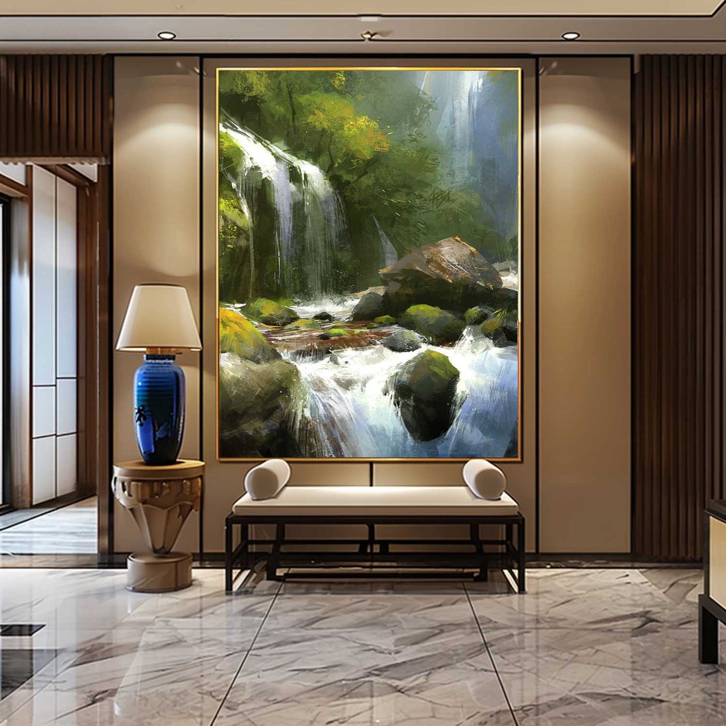 Lush Waterfall Landscape Oil Painting - Captivating Nature Art for Home Decor