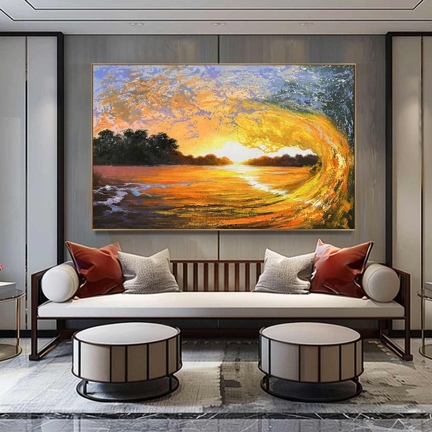 Vibrant Sunset Wave Oil Painting - Hyperrealistic Seascape Art for Home Decor