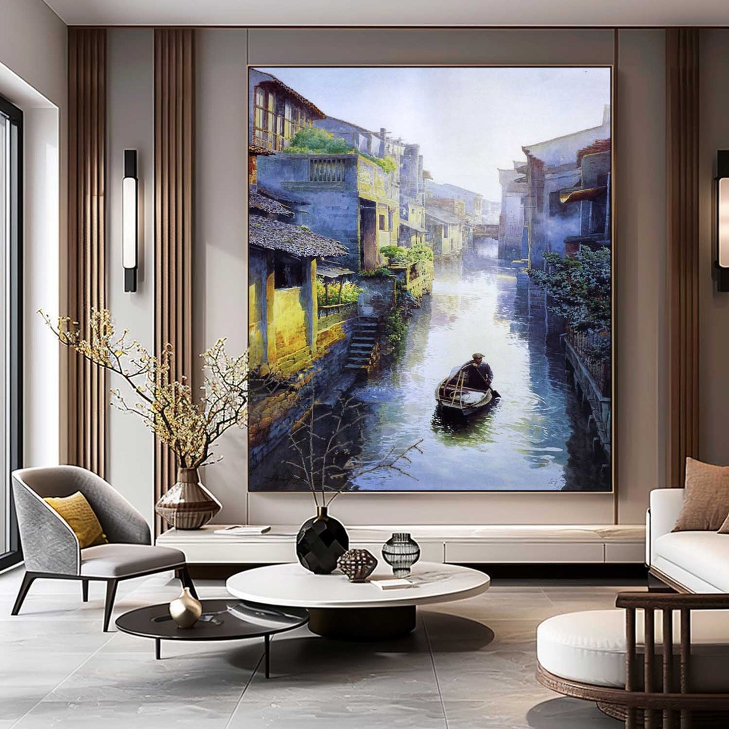 Tranquil Waterway: Stunning Hyperrealistic Oil Painting of a Serene Canal Scene