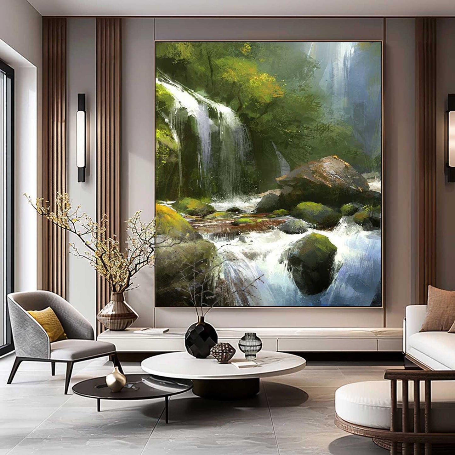 Lush Waterfall Landscape Oil Painting - Captivating Nature Art for Home Decor