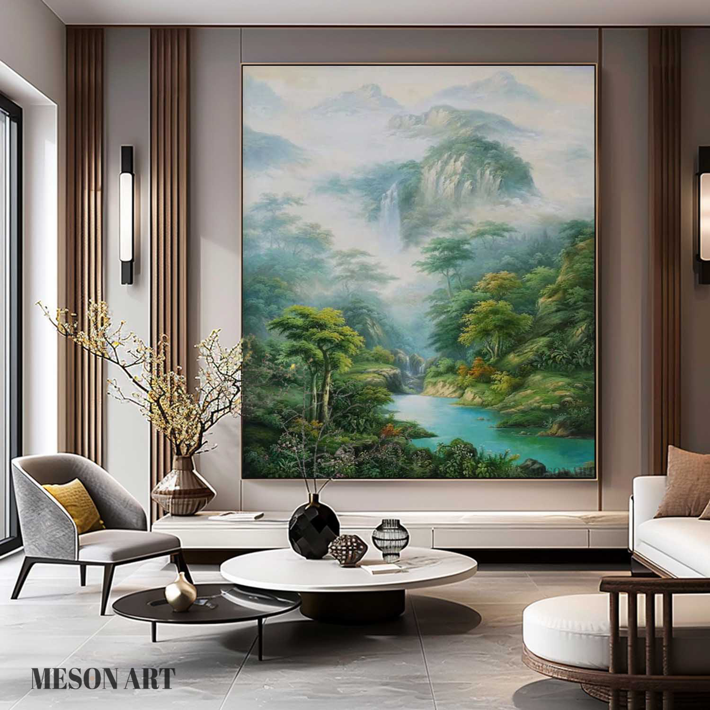 Serene Landscape Oil Painting of Lush Forest and Tranquil Waterfall in Hyperrealistic Style