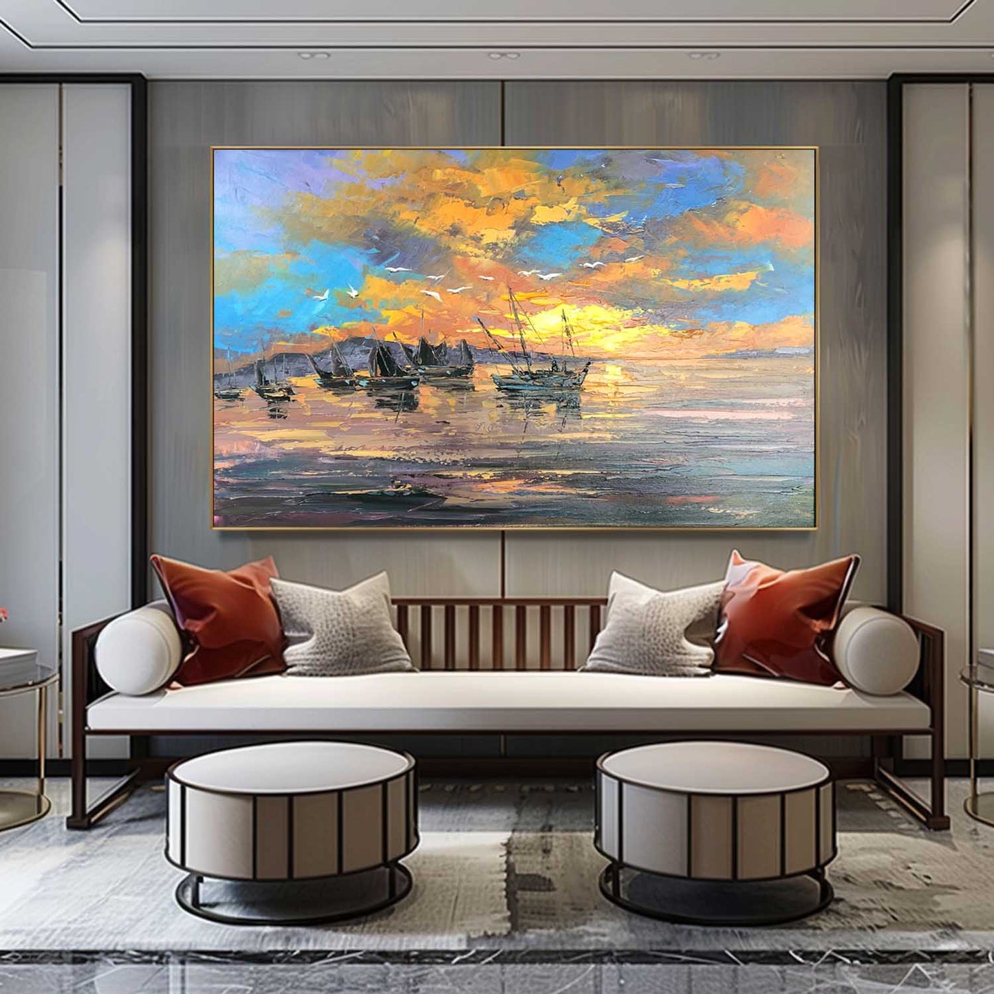 Vibrant Sunset Over Calm Waters with Fishing Boats - Oil Painting