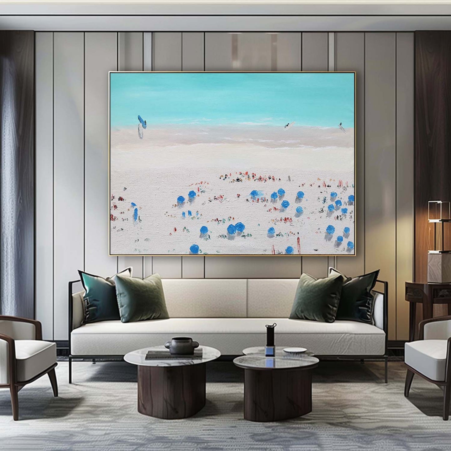 Vibrant Beach Scene Oil Painting with Colorful Umbrellas and Soft Sky