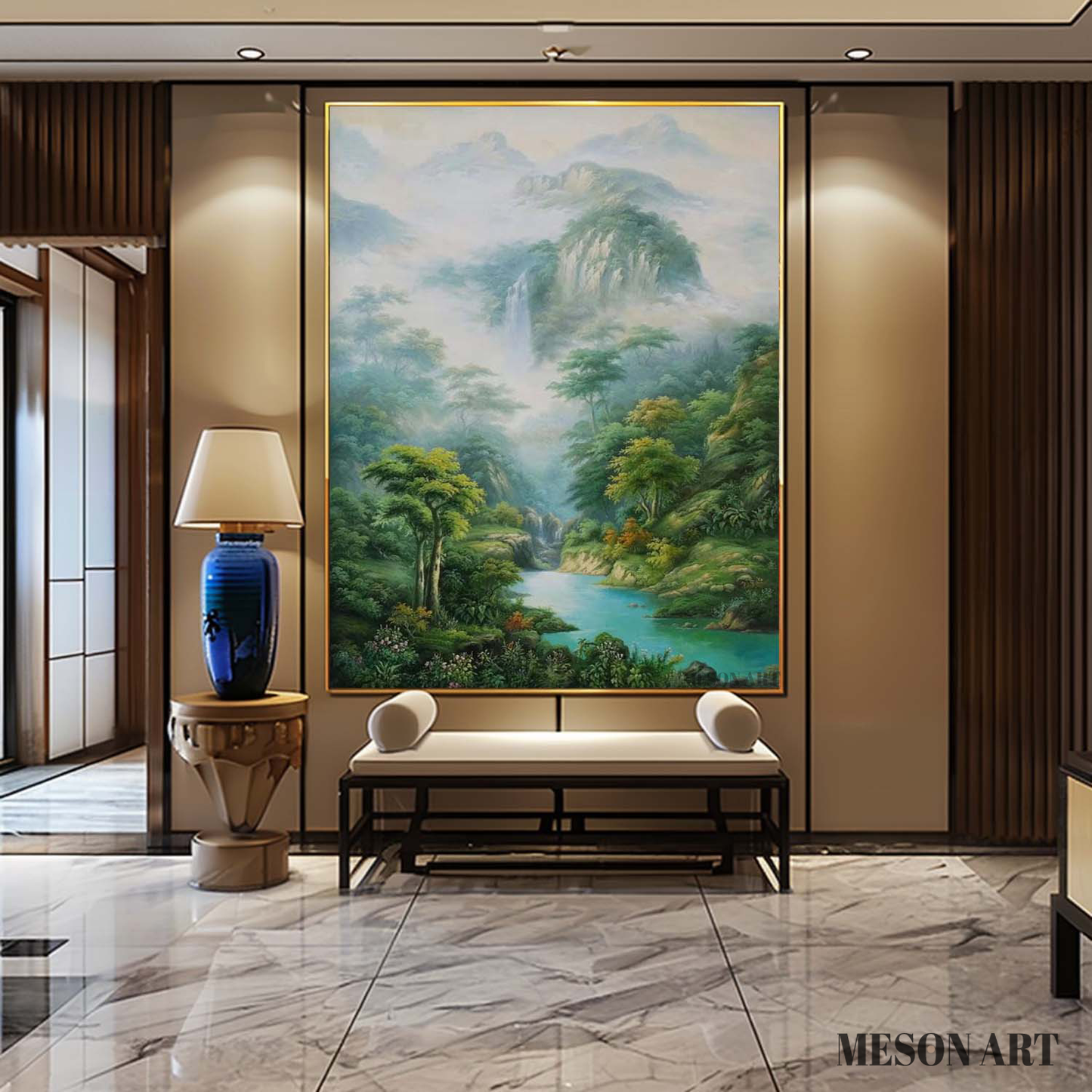 Serene Landscape Oil Painting of Lush Forest and Tranquil Waterfall in Hyperrealistic Style