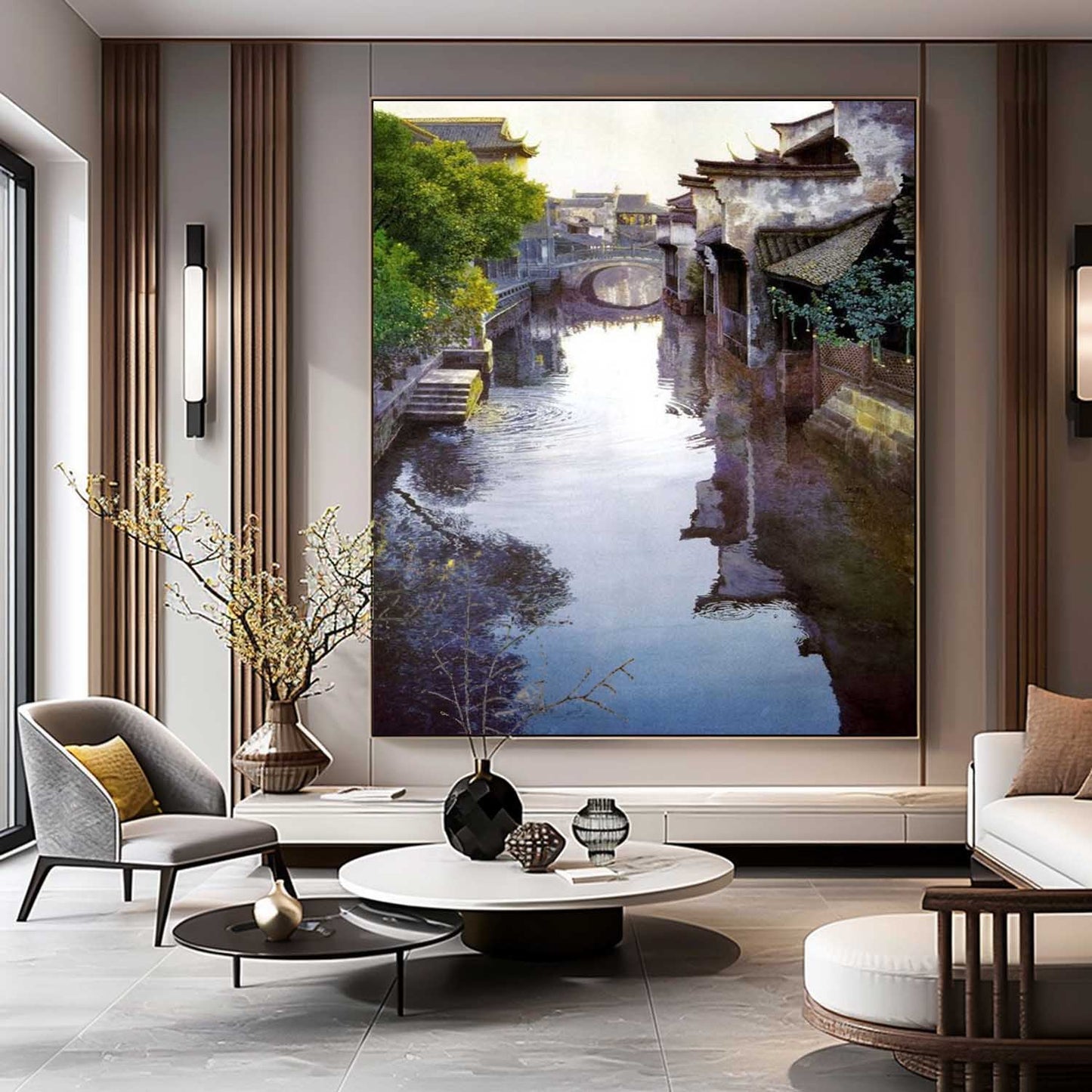 Tranquil Waterway Landscape Oil Painting in Hyperrealism Style