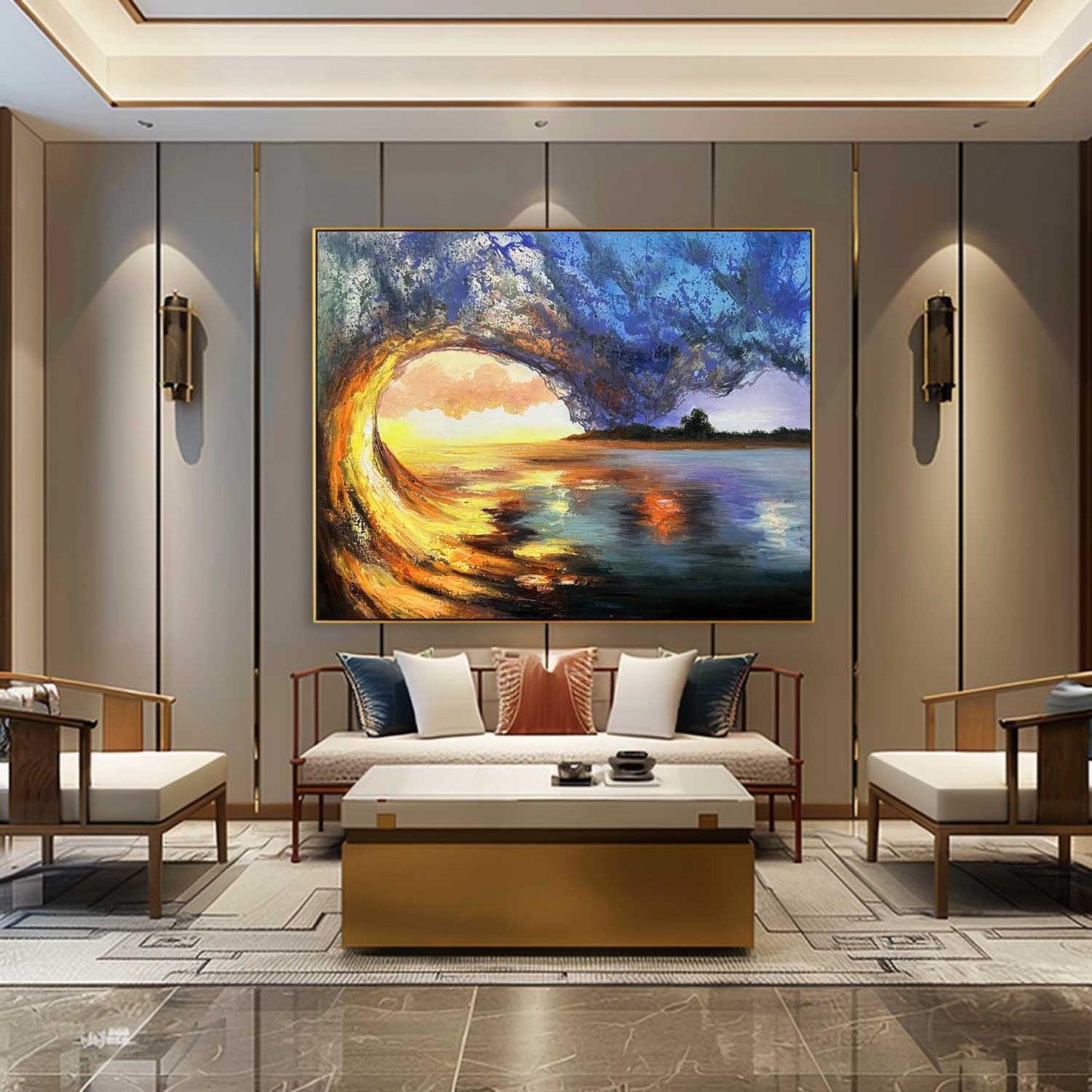 Stunning Hyperrealistic Wave Scene Oil Painting Capturing Ocean Sunset Beauty