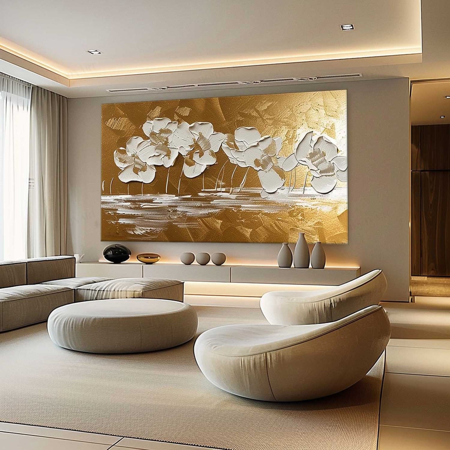 Elegant White Flower Oil Painting with Gold Background for Home Decor