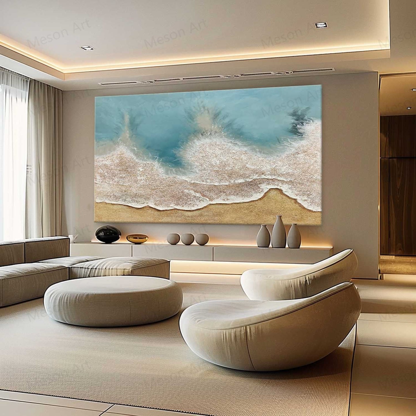 Coastal Serenity: Textured Oil Painting of Beach Waves and Sand