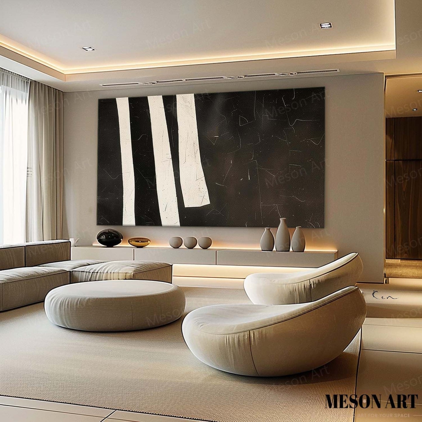 Elegant Black and White Minimalist Oil Painting for Modern Home Decor