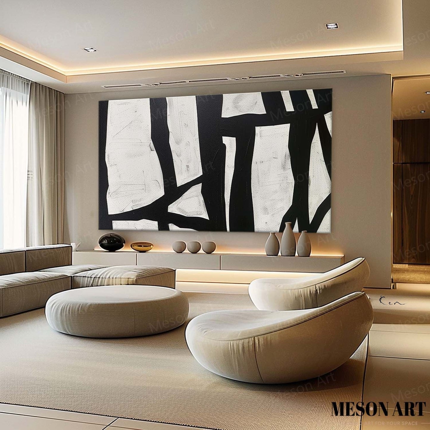 Abstract Black and White Minimalist Oil Painting for Modern Home Decor