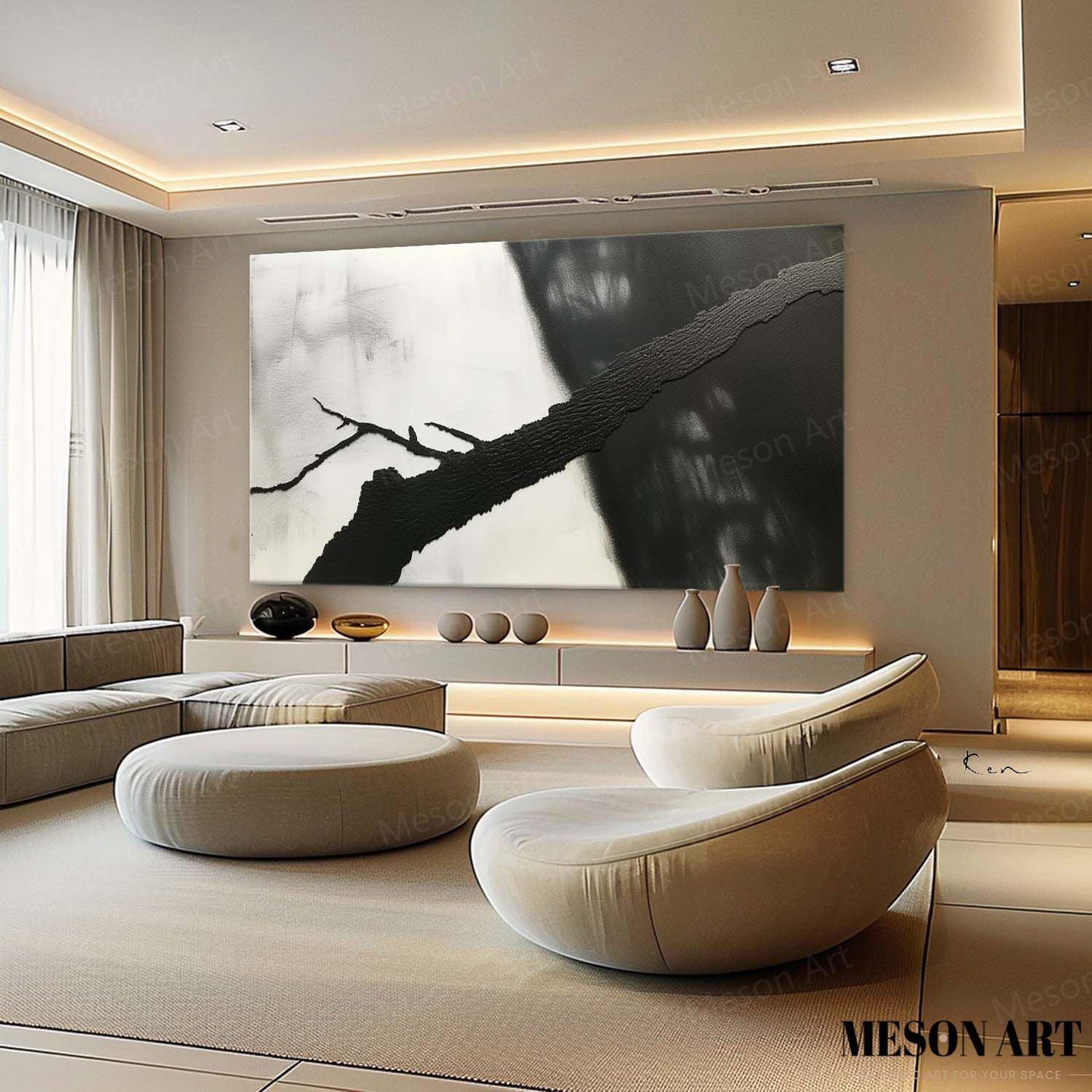 Abstract Black and White Minimalist Oil Painting for Modern Home Decor