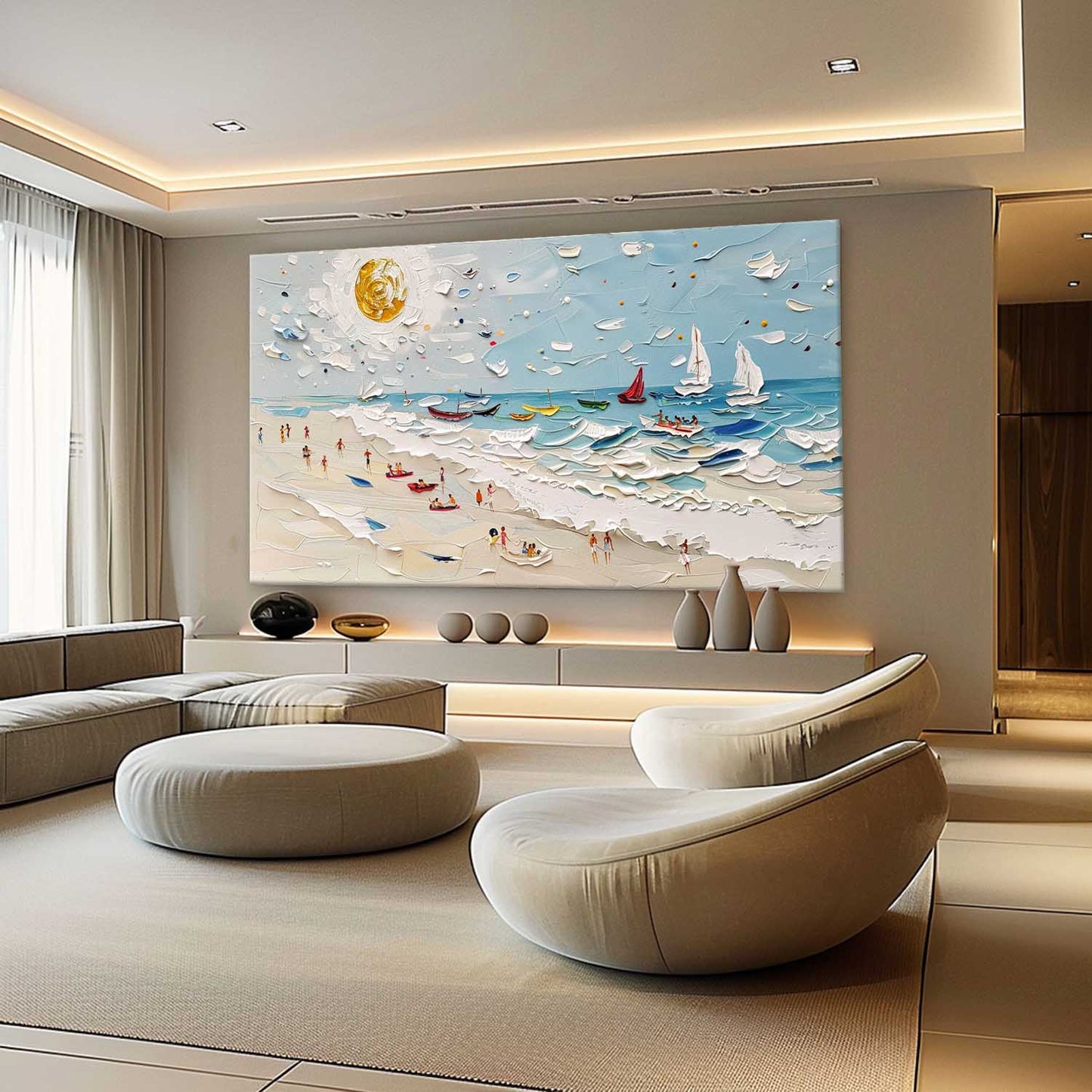 Vibrant Beach Scene Oil Painting with Boats and Sunlit Sky