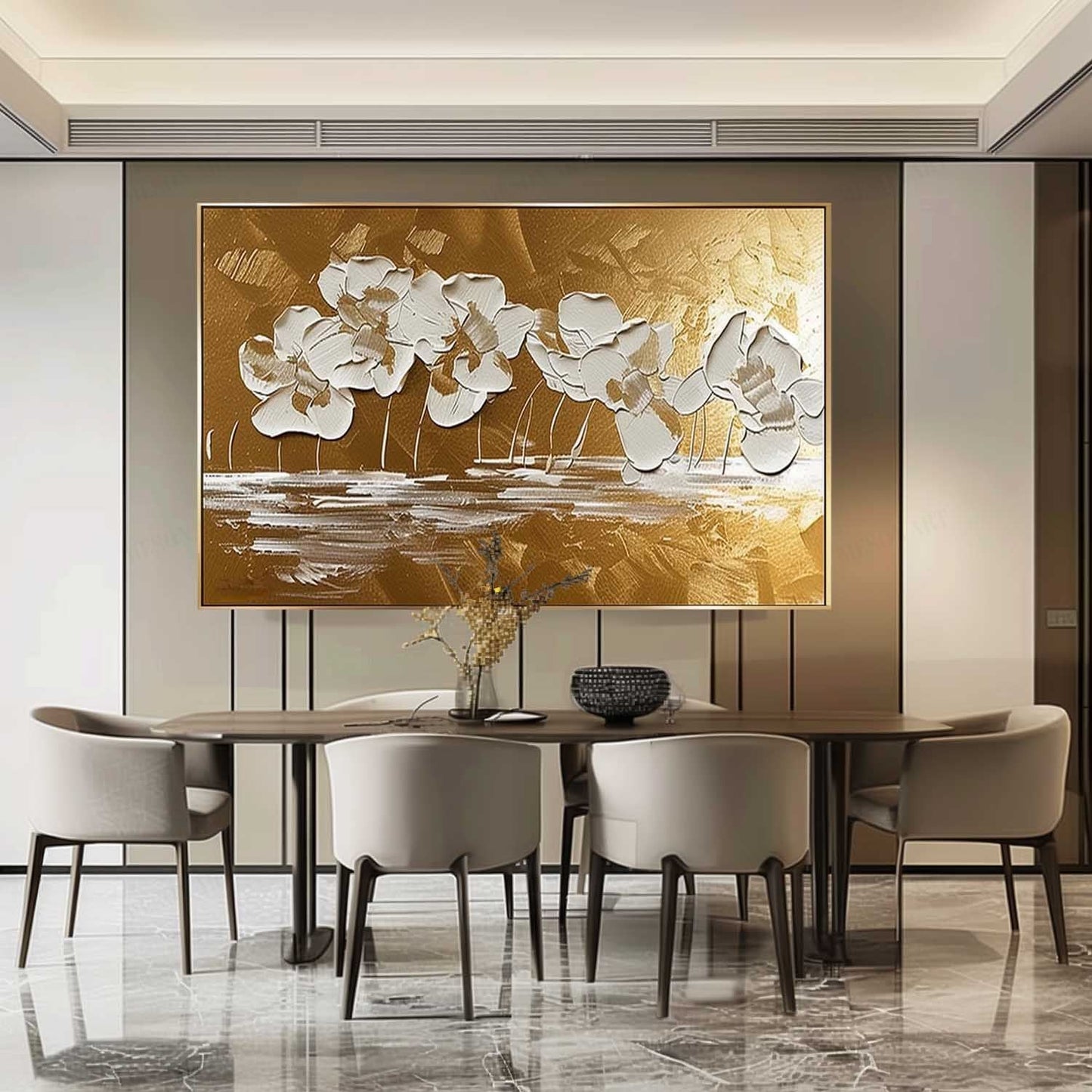Elegant White Flower Oil Painting with Gold Background for Home Decor