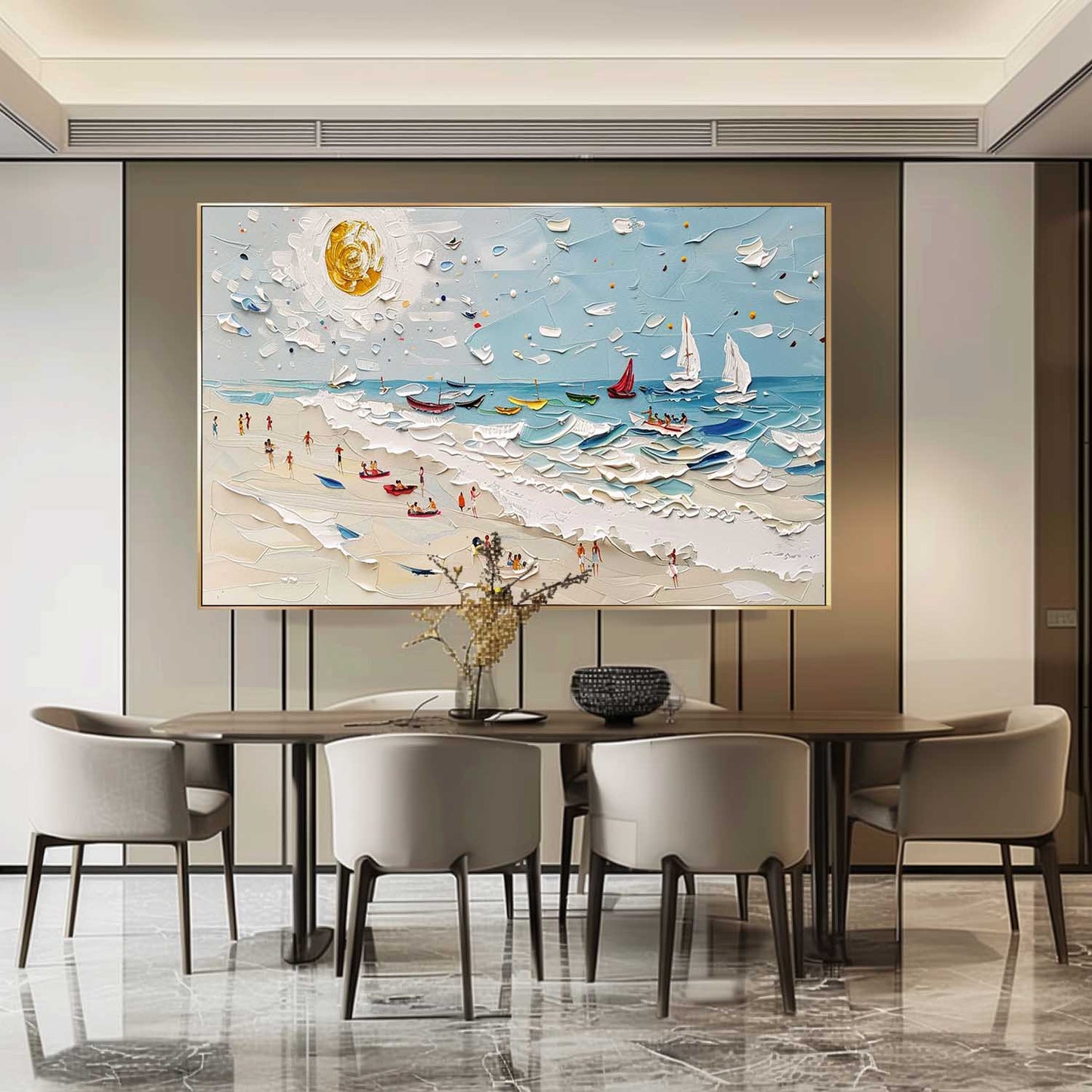 Vibrant Beach Scene Oil Painting with Boats and Sunlit Sky