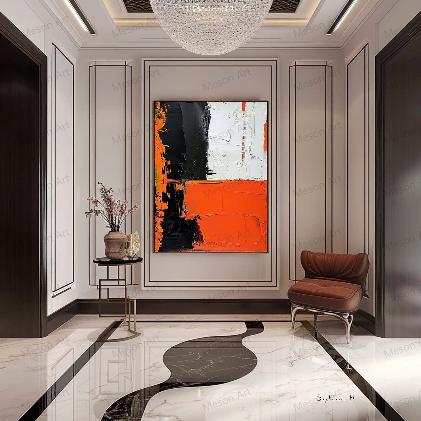 Bold Abstract Oil Painting with Black, White, and Orange Accents for Modern Decor