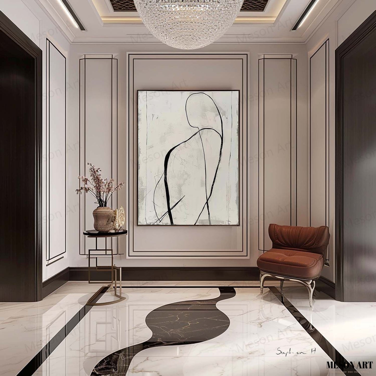 Elegant Black and White Abstract Minimalist Oil Painting for Modern Home Decor