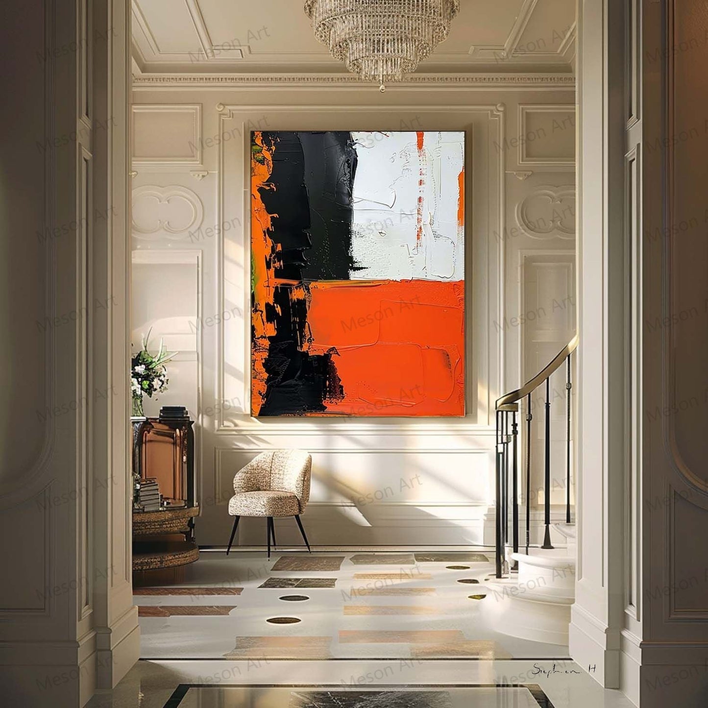 Bold Abstract Oil Painting with Black, White, and Orange Accents for Modern Decor