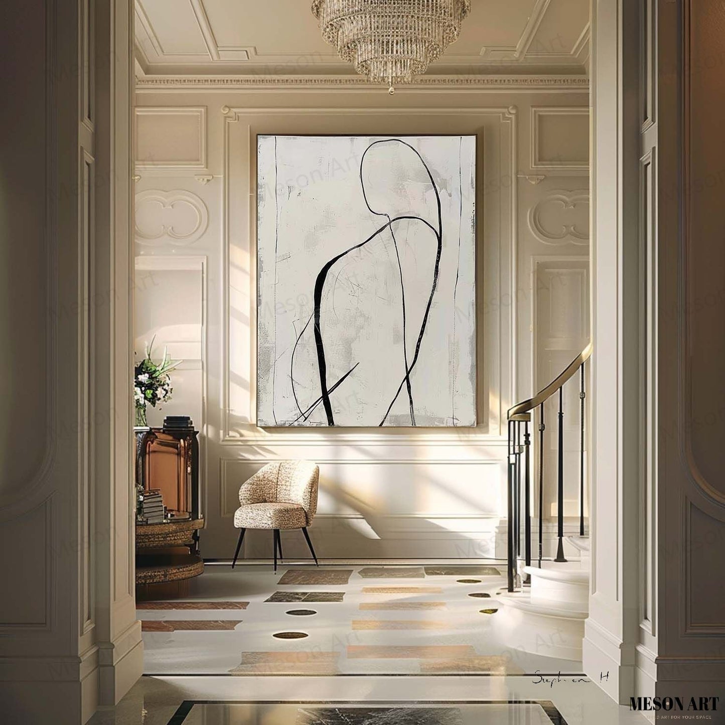 Elegant Black and White Abstract Minimalist Oil Painting for Modern Home Decor