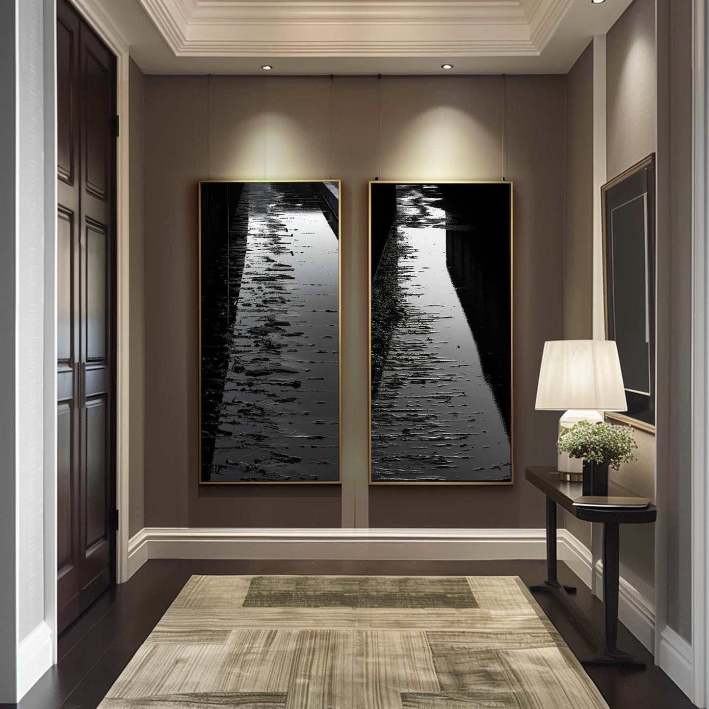 Serene Reflection: Black and White Oil Painting Diptych of Waterway Pathway