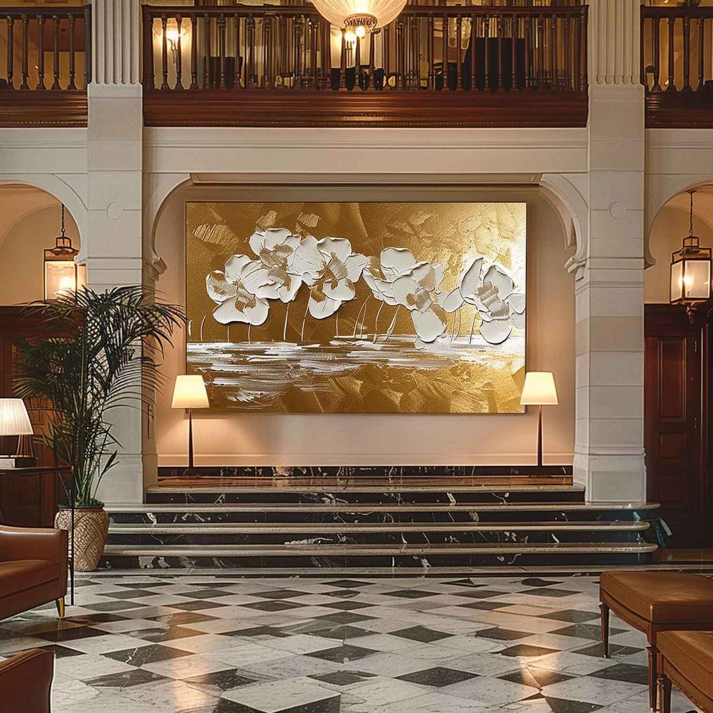 Elegant White Flower Oil Painting with Gold Background for Home Decor
