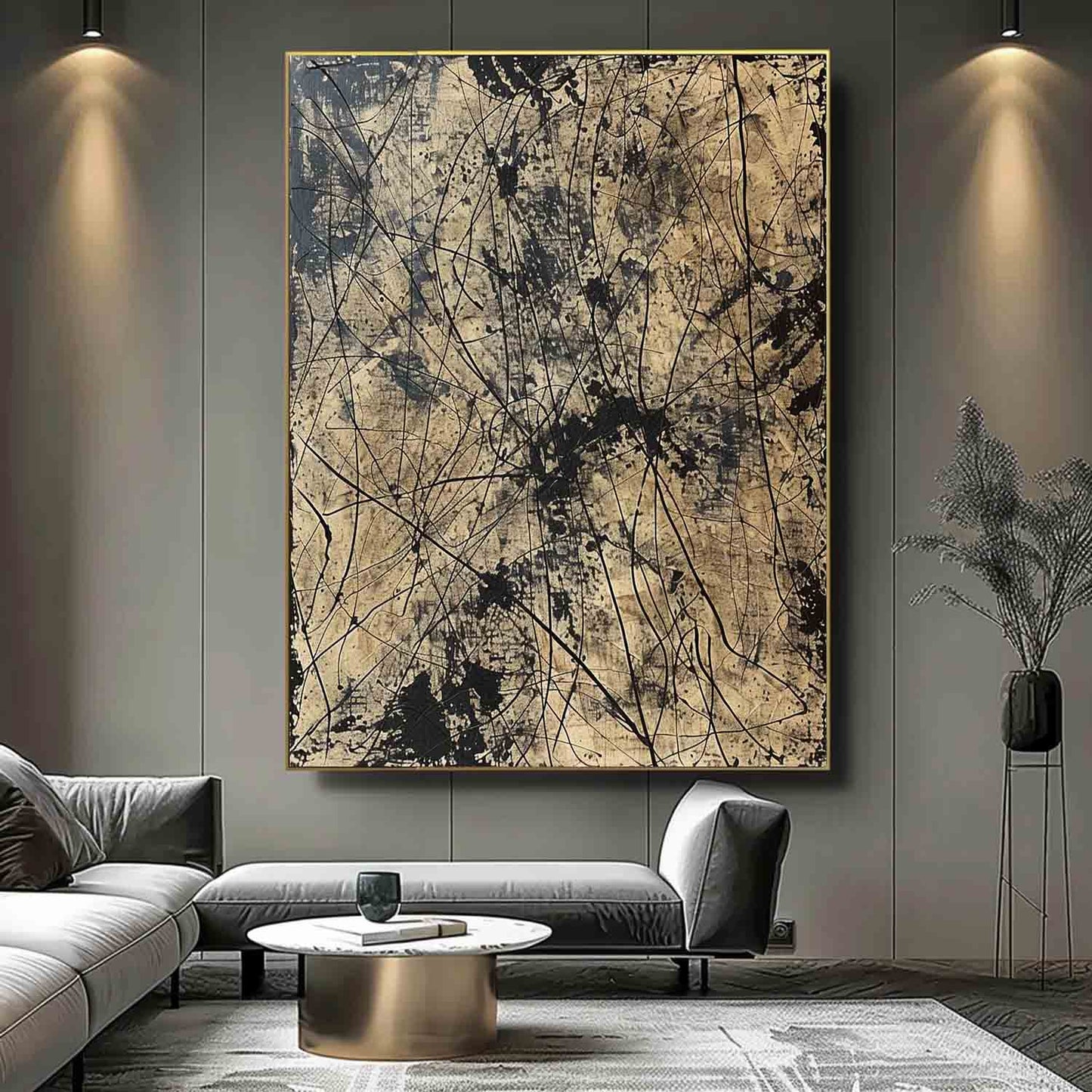 Bold Black and Gold Abstract Oil Painting for Modern Home Decor