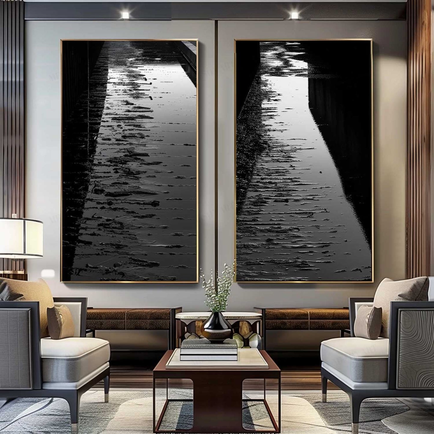 Serene Reflection: Black and White Oil Painting Diptych of Waterway Pathway