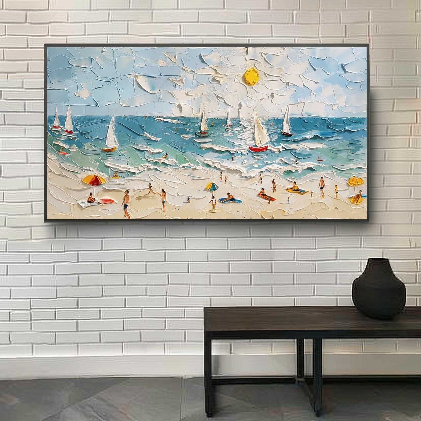 Vibrant Beach Scene Oil Painting with Sailboats and Sunlit Shore