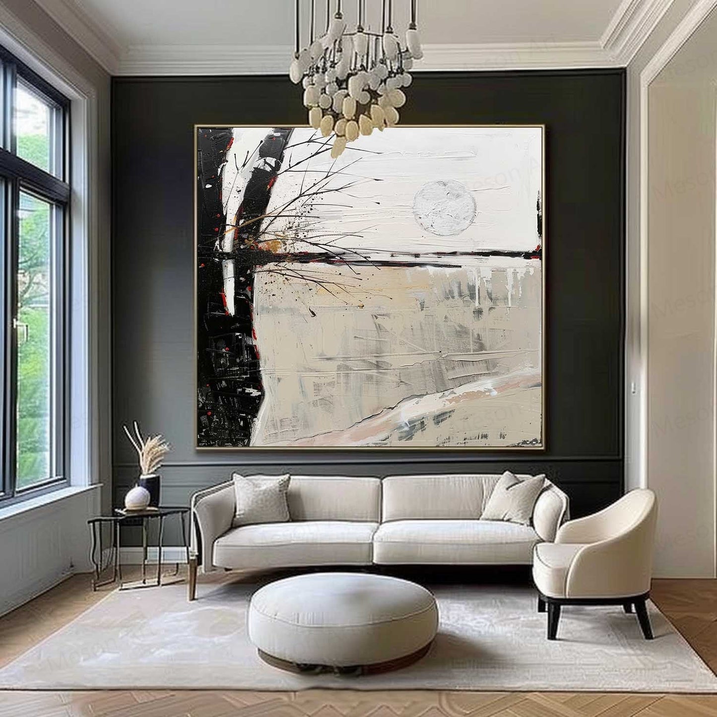 Serene Abstract Landscape Oil Painting with Moonlit Reflection and Minimalist Style