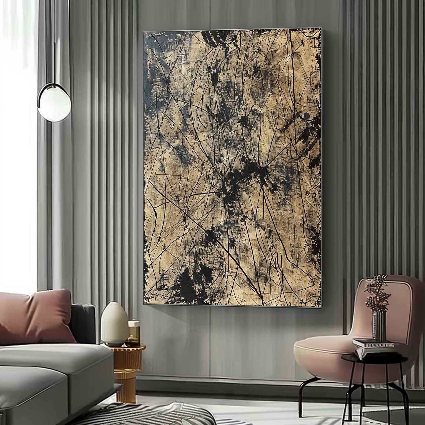 Bold Black and Gold Abstract Oil Painting for Modern Home Decor