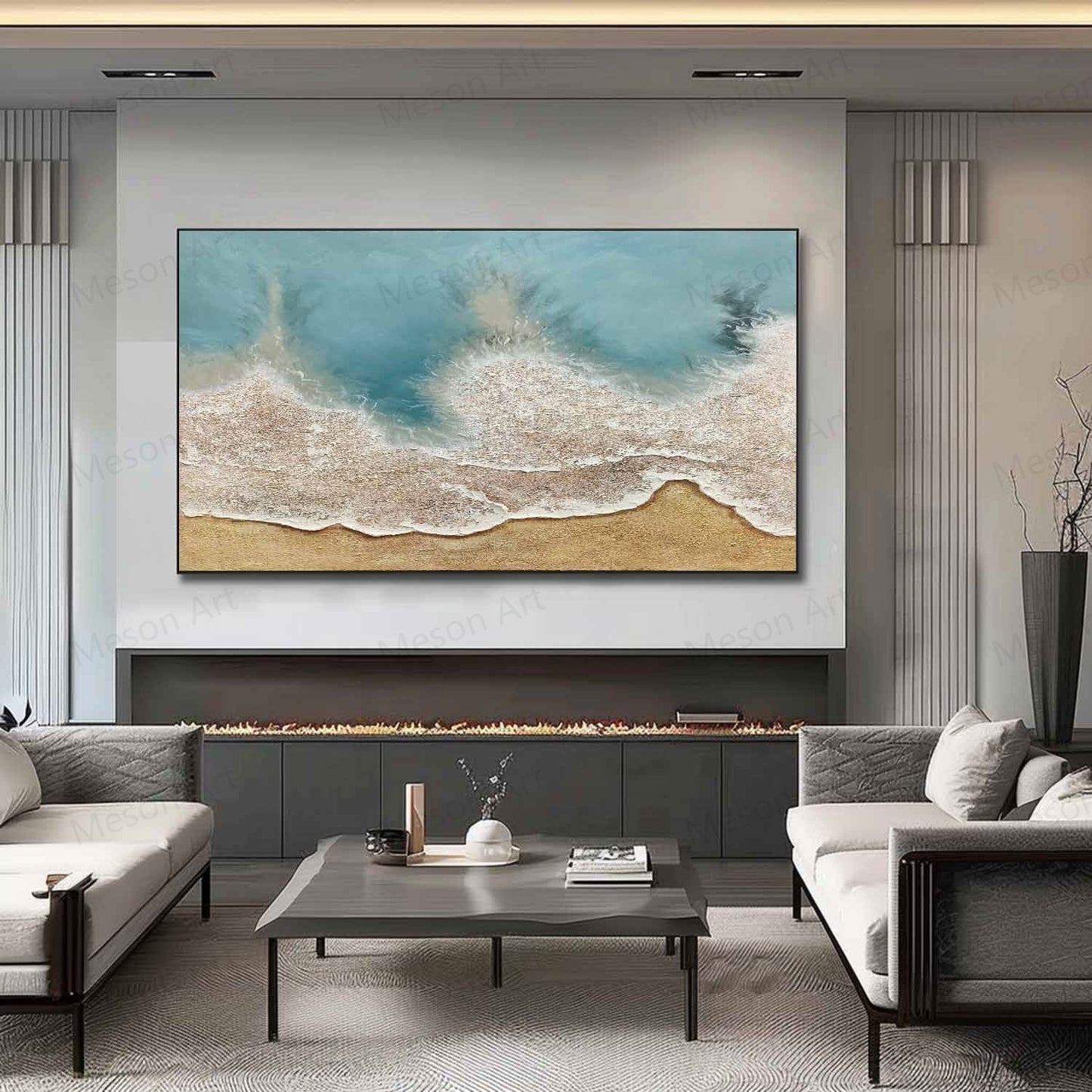 Coastal Serenity: Textured Oil Painting of Beach Waves and Sand