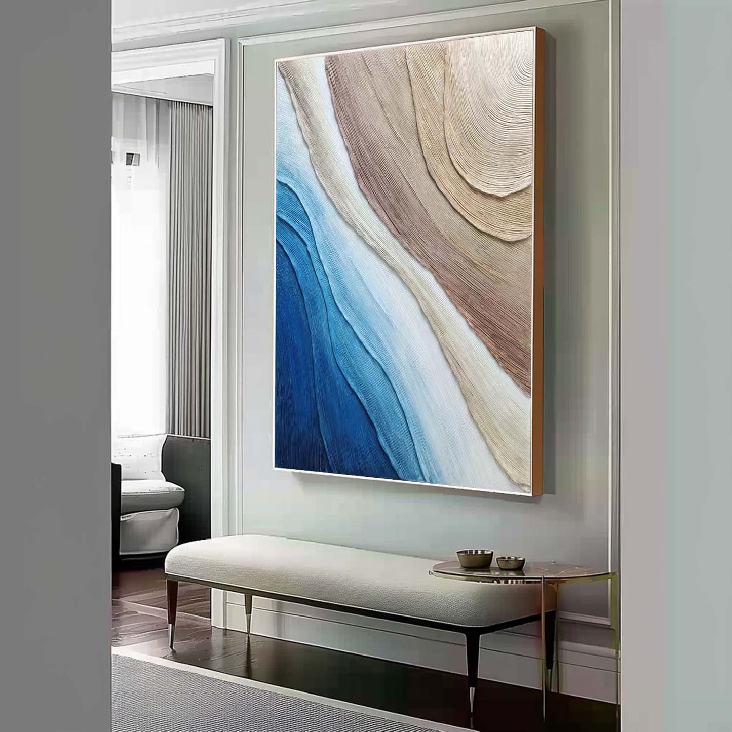 Abstract Ocean Waves Oil Painting with Textured Layers in Blues and Neutrals