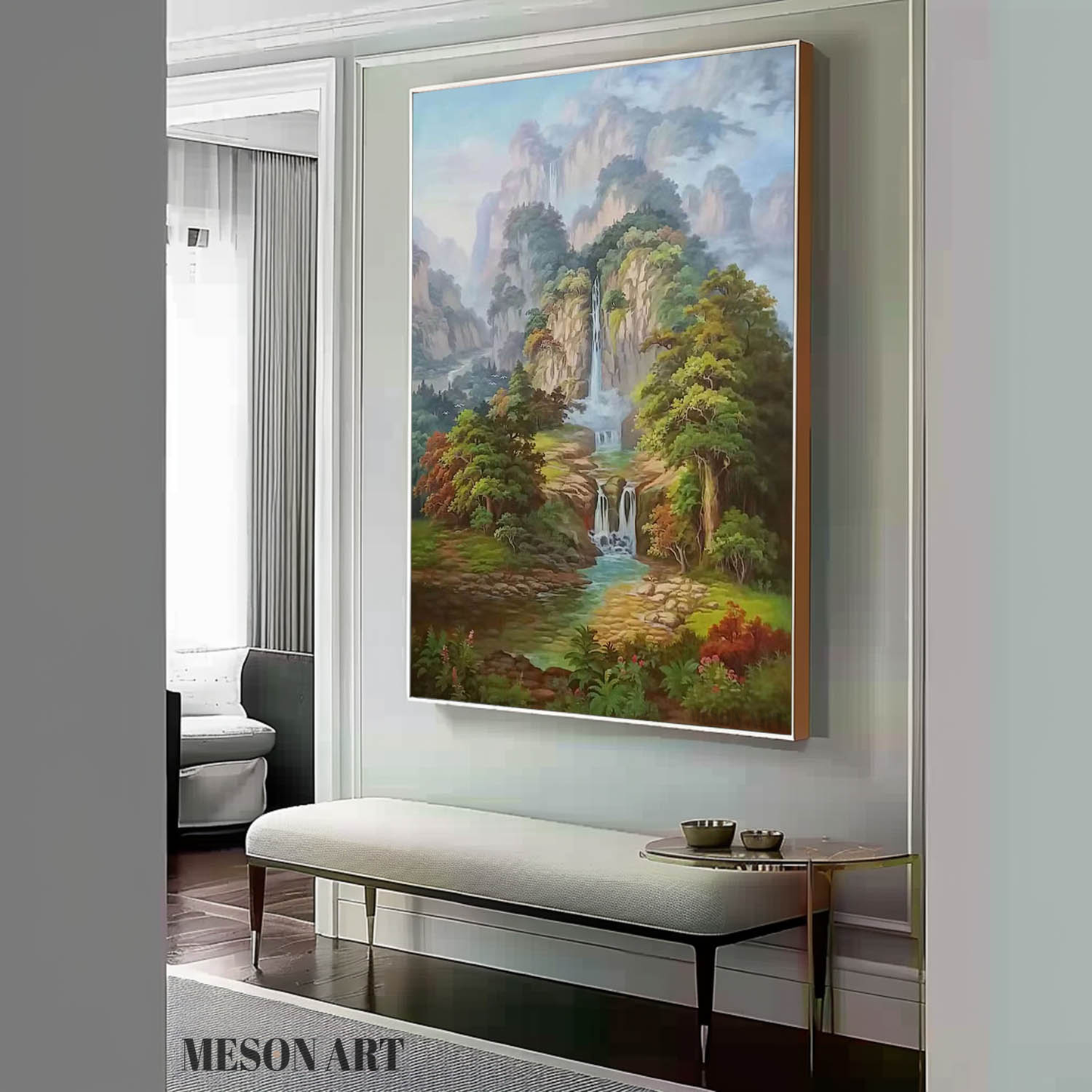 Serene Waterfall Landscape Oil Painting for Tranquil Home Décor