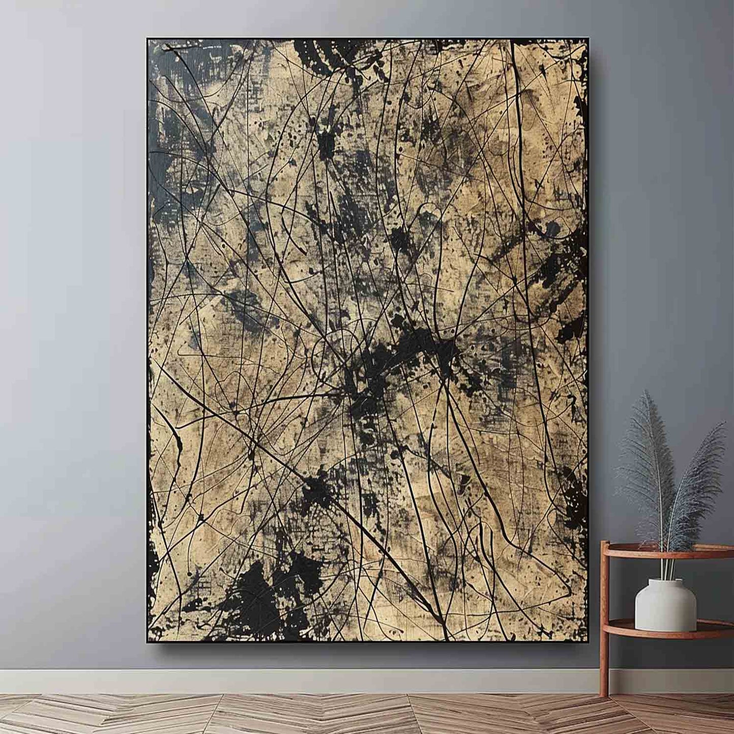 Bold Black and Gold Abstract Oil Painting for Modern Home Decor