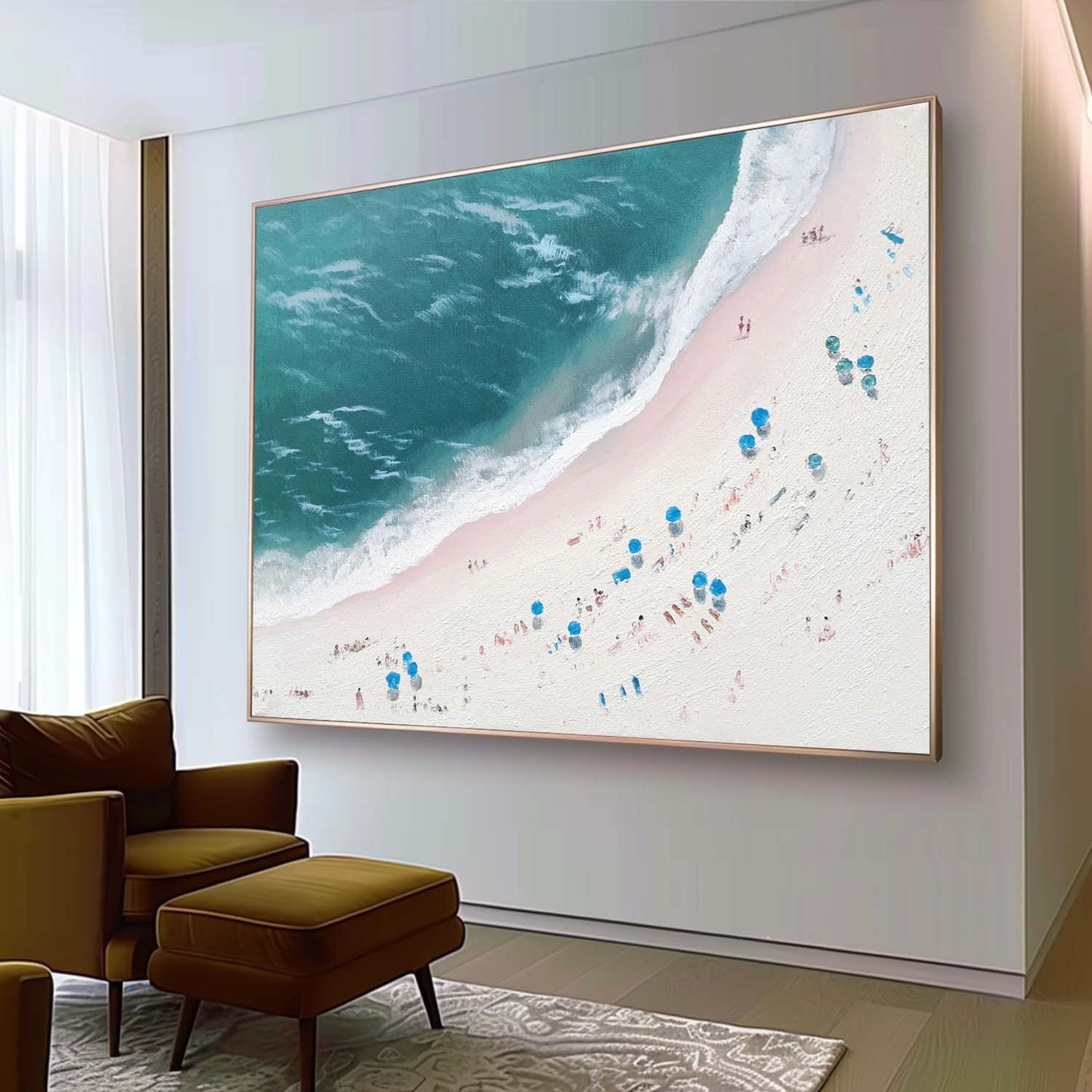 Serene Beachscape Oil Painting with Vibrant Ocean and Sunbathers