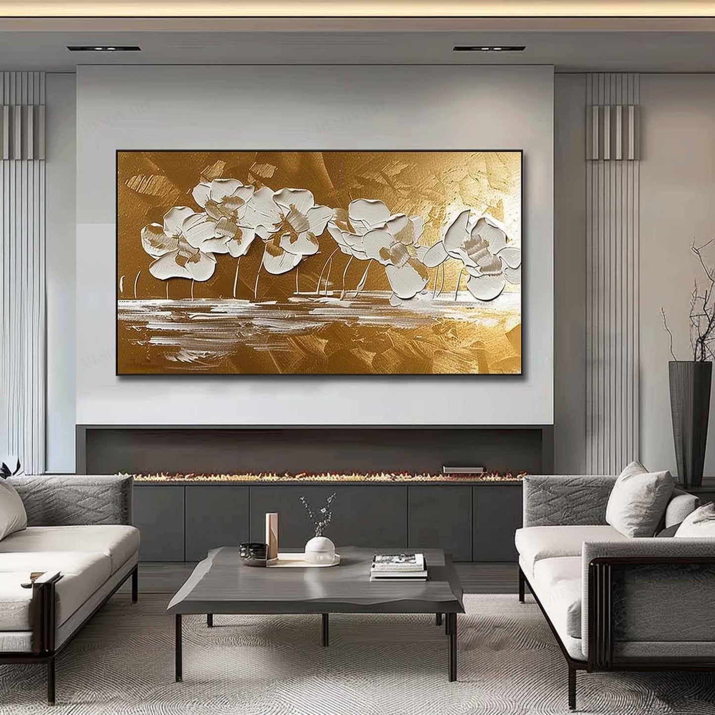 Elegant White Flower Oil Painting with Gold Background for Home Decor