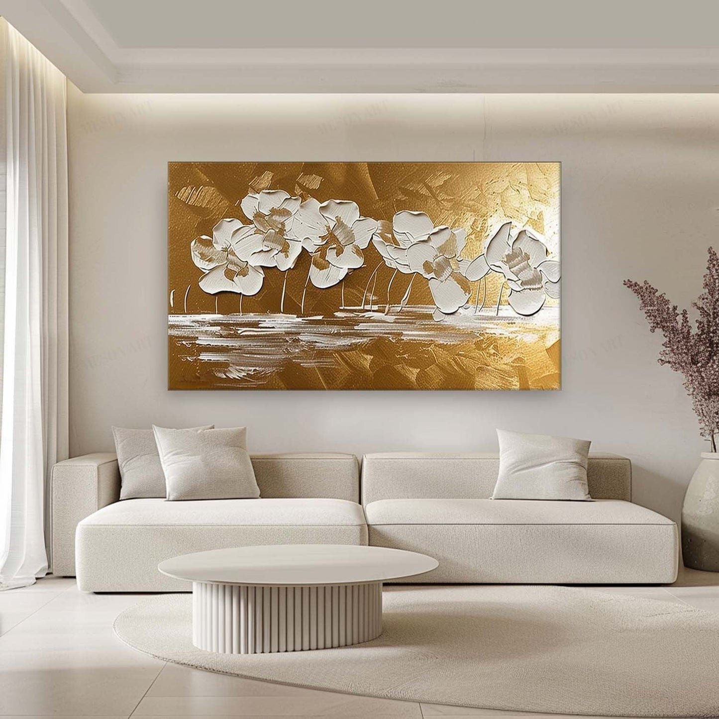 Elegant White Flower Oil Painting with Gold Background for Home Decor