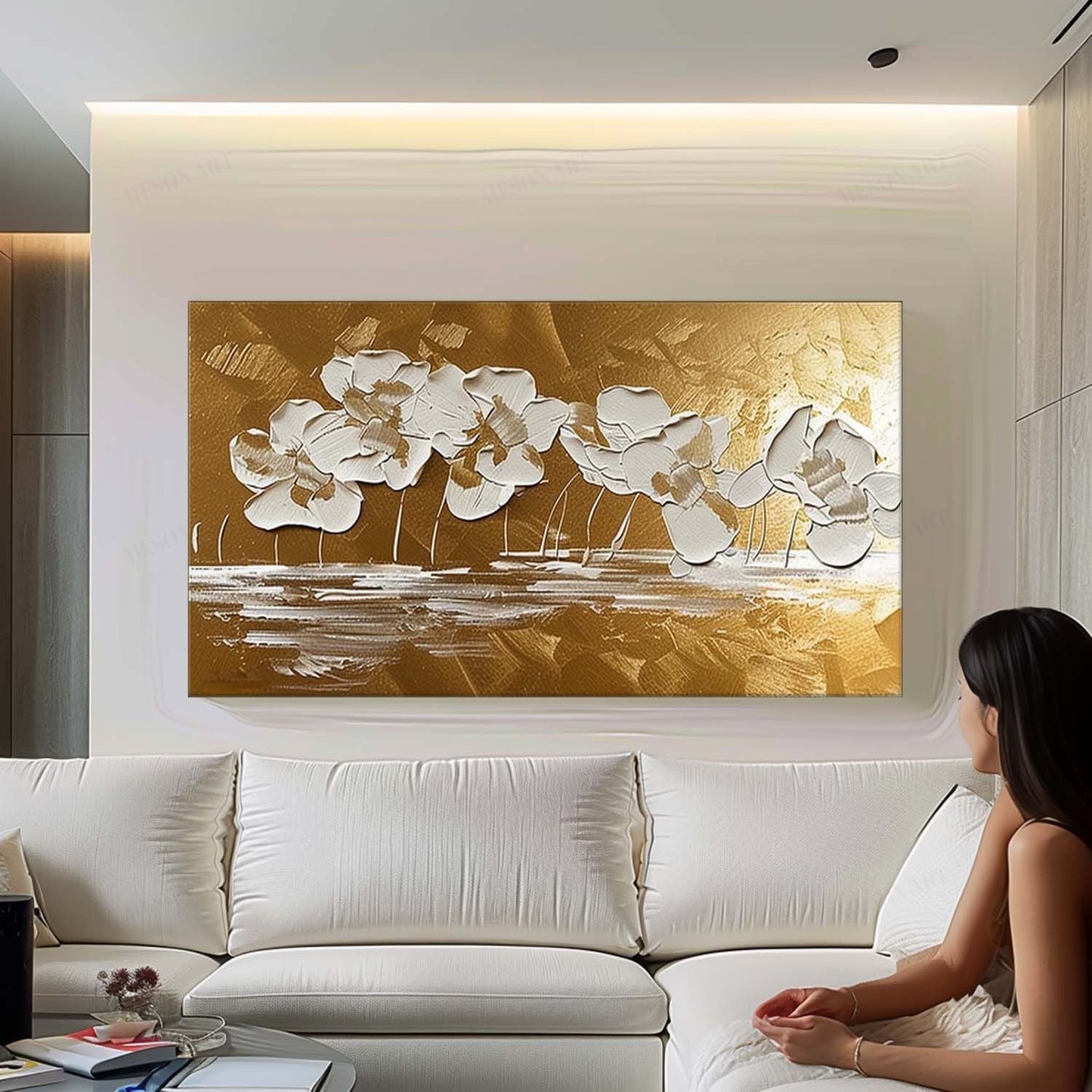 Elegant White Flower Oil Painting with Gold Background for Home Decor