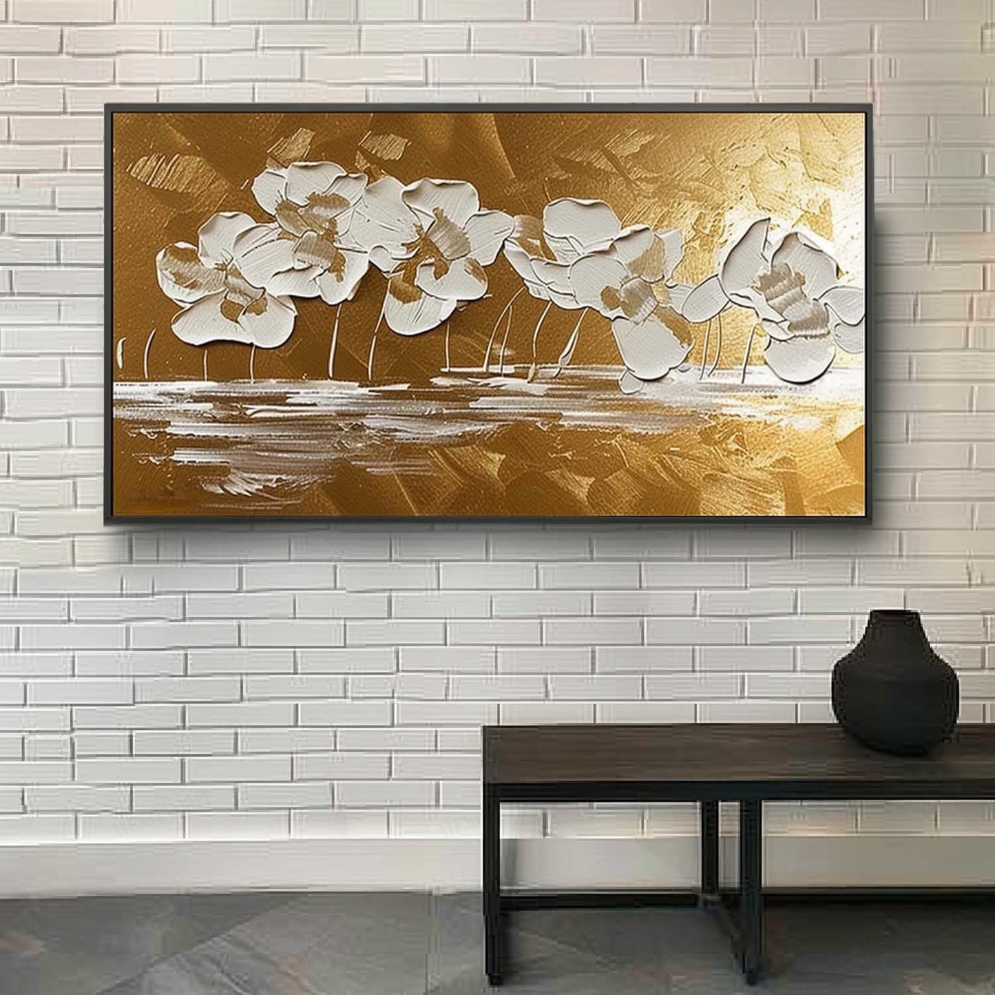 Elegant White Flower Oil Painting with Gold Background for Home Decor