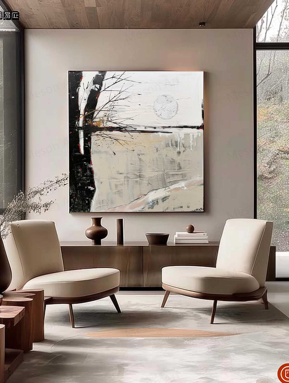 Abstract Wabi-Sabi Landscape Oil Painting for Modern Home Decor