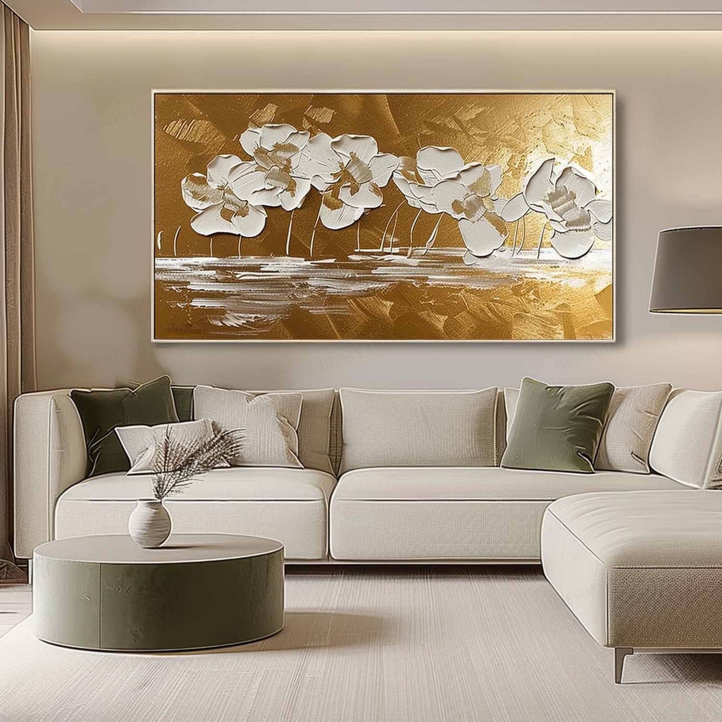Elegant White Flower Oil Painting with Gold Background for Home Decor